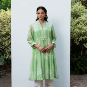 Apple Green Pleated Chanderi Kiki Kurta