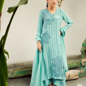 Aqua Big Flower Stripe Digital Printed Summer Wishlist Kurta Set